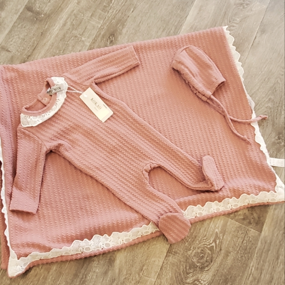 Kokao Paris pink knit 3pc baby set sz 3m NWT